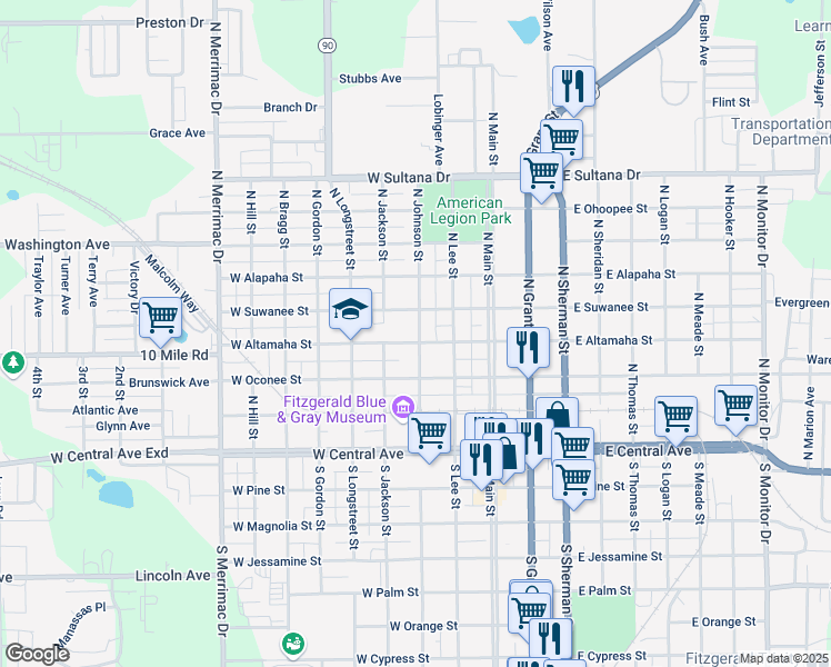 map of restaurants, bars, coffee shops, grocery stores, and more near 304 West Suwanee Street in Fitzgerald