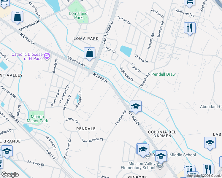 map of restaurants, bars, coffee shops, grocery stores, and more near in El Paso