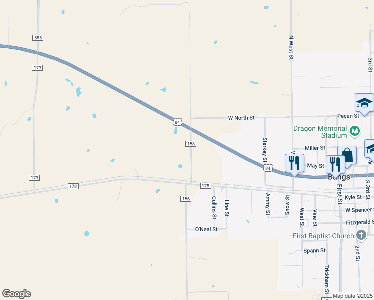 map of restaurants, bars, coffee shops, grocery stores, and more near 480 County Road 158 in Bangs