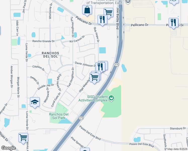 map of restaurants, bars, coffee shops, grocery stores, and more near 1276 Olga Mapula Drive in El Paso