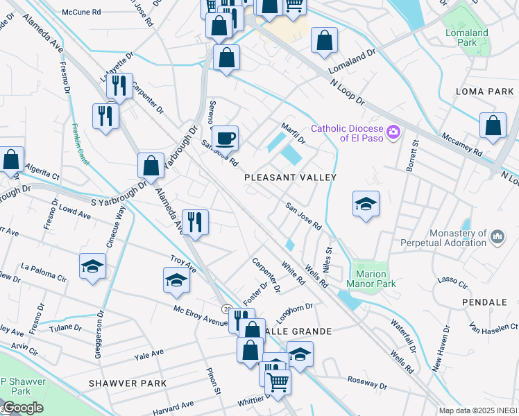 map of restaurants, bars, coffee shops, grocery stores, and more near 8236 San Jose Road in El Paso