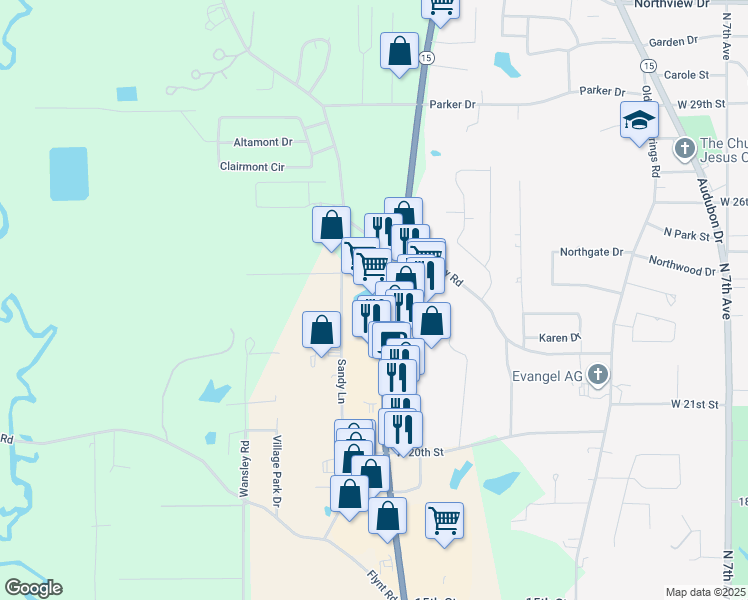 map of restaurants, bars, coffee shops, grocery stores, and more near 2340 Mississippi 15 in Laurel