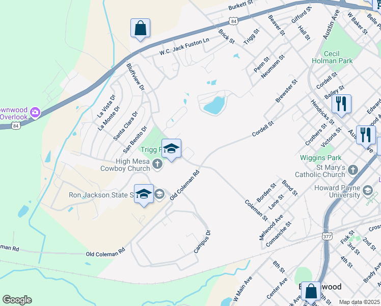 map of restaurants, bars, coffee shops, grocery stores, and more near 322 Bluffview Drive in Brownwood