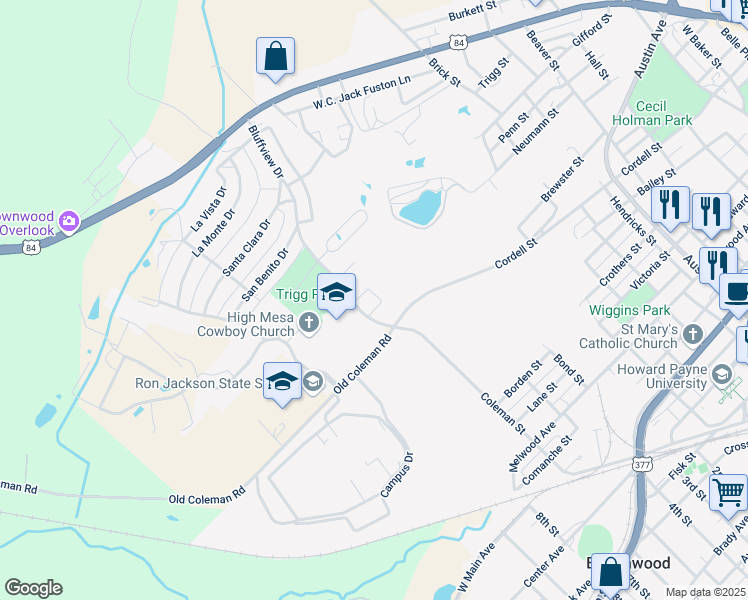 map of restaurants, bars, coffee shops, grocery stores, and more near 322 Bluffview Drive in Brownwood