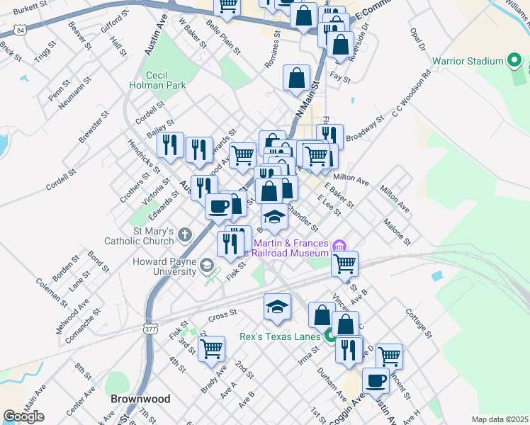 map of restaurants, bars, coffee shops, grocery stores, and more near 600 Center Avenue in Brownwood