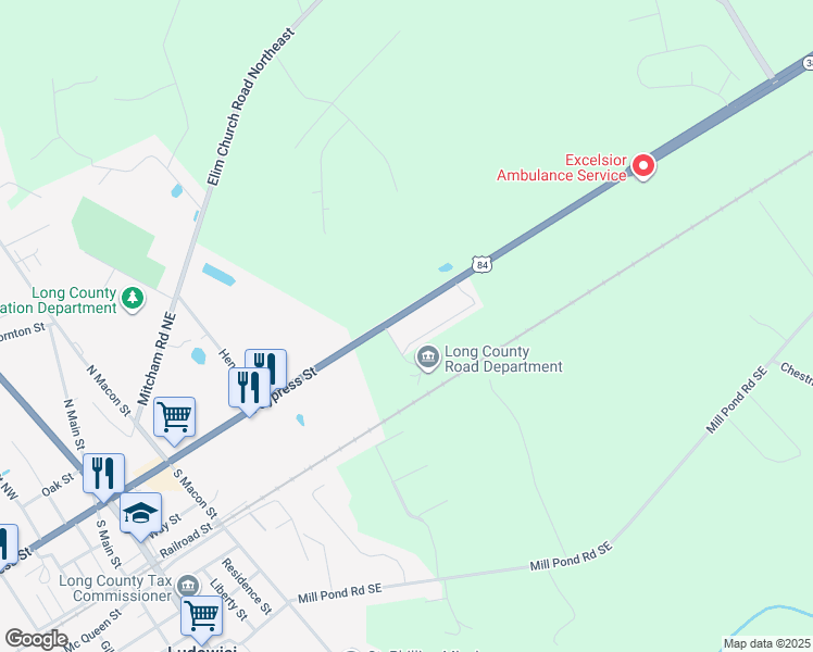 map of restaurants, bars, coffee shops, grocery stores, and more near 25 County Shop Road in Ludowici