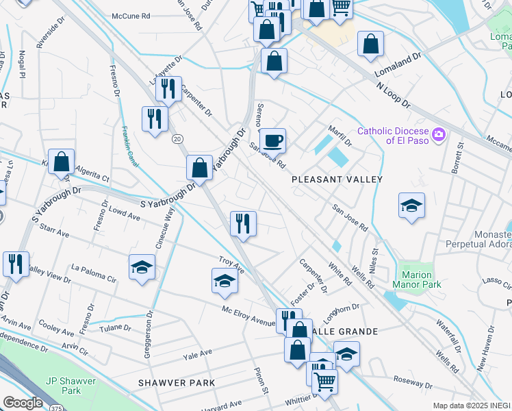 map of restaurants, bars, coffee shops, grocery stores, and more near 8210 Carpenter Drive in El Paso