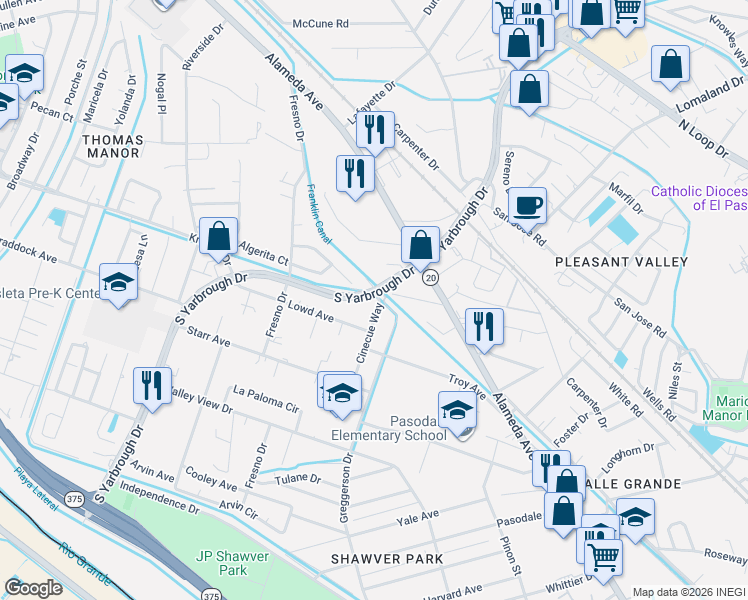 map of restaurants, bars, coffee shops, grocery stores, and more near 401 Cinecue Way in El Paso