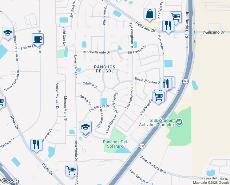 map of restaurants, bars, coffee shops, grocery stores, and more near 12267 Eagle Heart Drive in El Paso