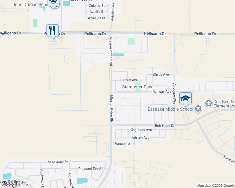 map of restaurants, bars, coffee shops, grocery stores, and more near 12716 Runway Avenue in El Paso