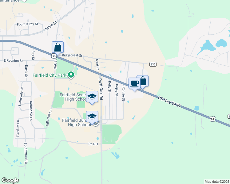 map of restaurants, bars, coffee shops, grocery stores, and more near 523 Dejay Street in Fairfield