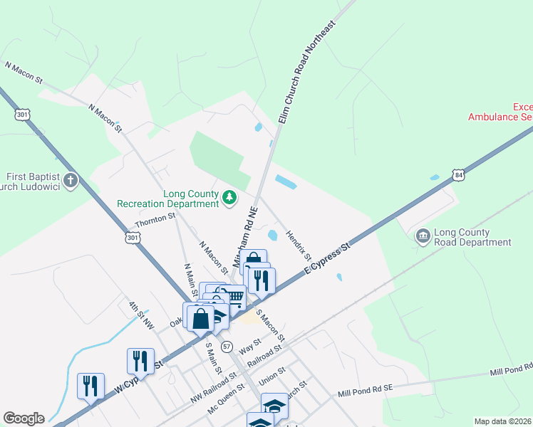 map of restaurants, bars, coffee shops, grocery stores, and more near 203 Hendrix Street in Ludowici