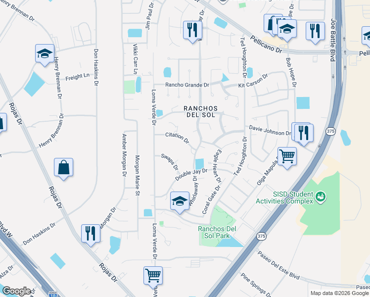map of restaurants, bars, coffee shops, grocery stores, and more near 12110 Citation Drive in El Paso