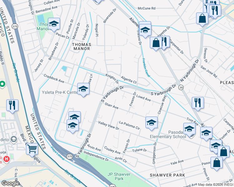 map of restaurants, bars, coffee shops, grocery stores, and more near 8034 Lowd Avenue in El Paso