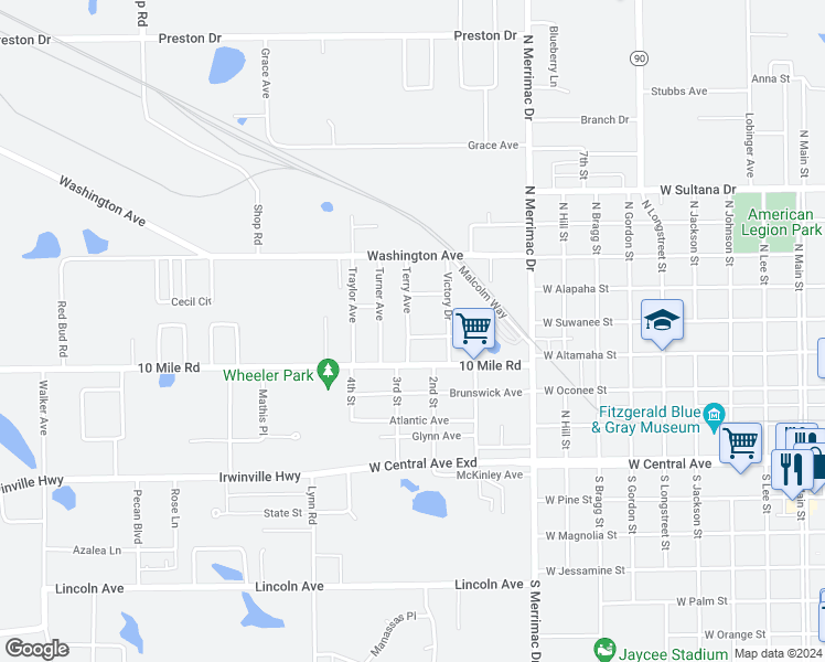 map of restaurants, bars, coffee shops, grocery stores, and more near 113 Terry Avenue in Fitzgerald