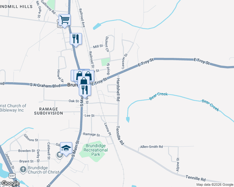 map of restaurants, bars, coffee shops, grocery stores, and more near 172 Hardshell Road in Brundidge