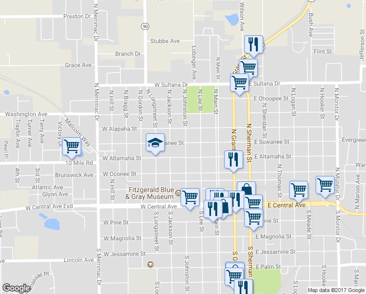 map of restaurants, bars, coffee shops, grocery stores, and more near 304 West Suwanee Street in Fitzgerald