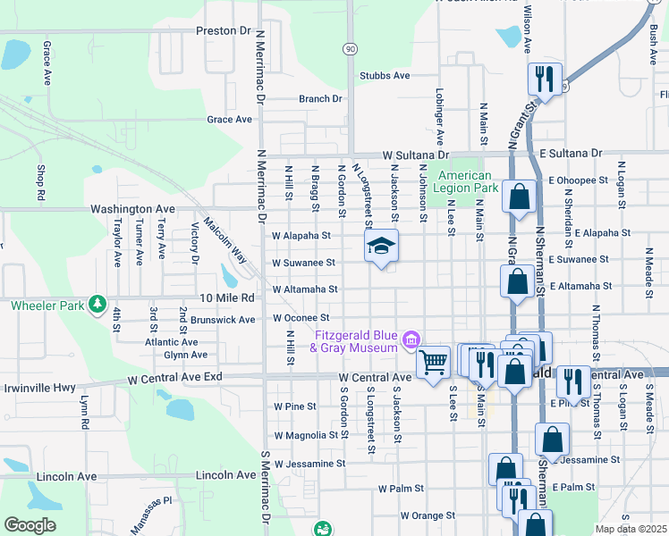 map of restaurants, bars, coffee shops, grocery stores, and more near 610 West Suwanee Street in Fitzgerald