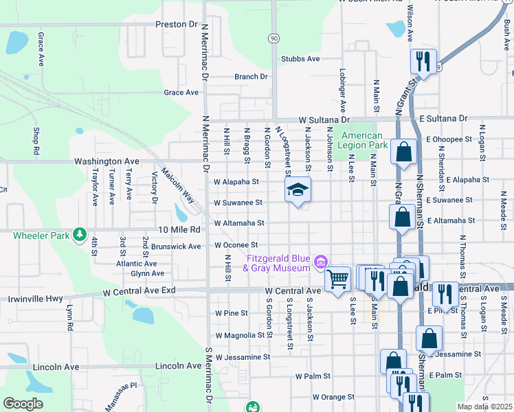 map of restaurants, bars, coffee shops, grocery stores, and more near 610 West Suwanee Street in Fitzgerald
