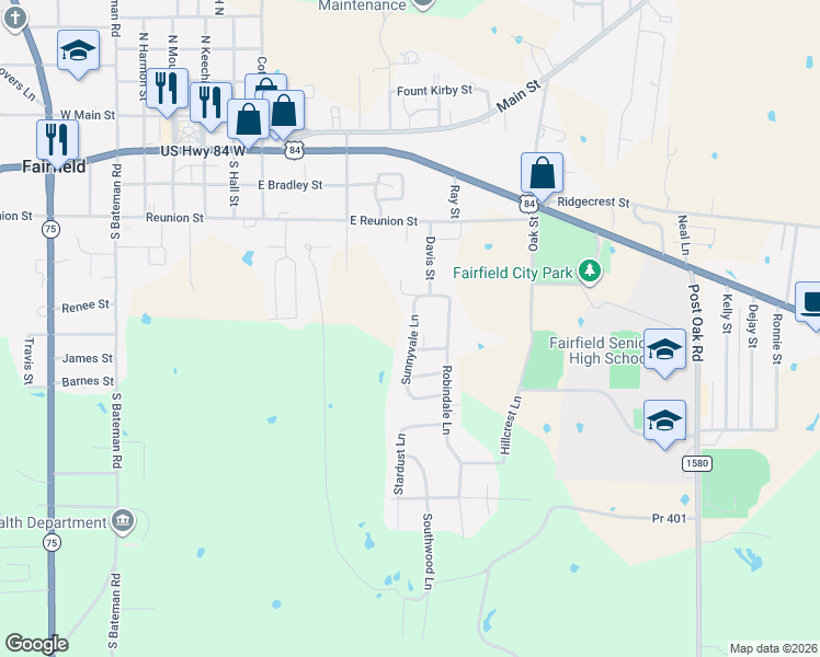 map of restaurants, bars, coffee shops, grocery stores, and more near 533 Sunnyvale Lane in Fairfield