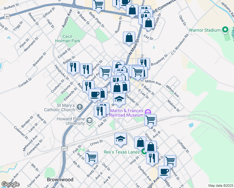 map of restaurants, bars, coffee shops, grocery stores, and more near 600 Center Avenue in Brownwood