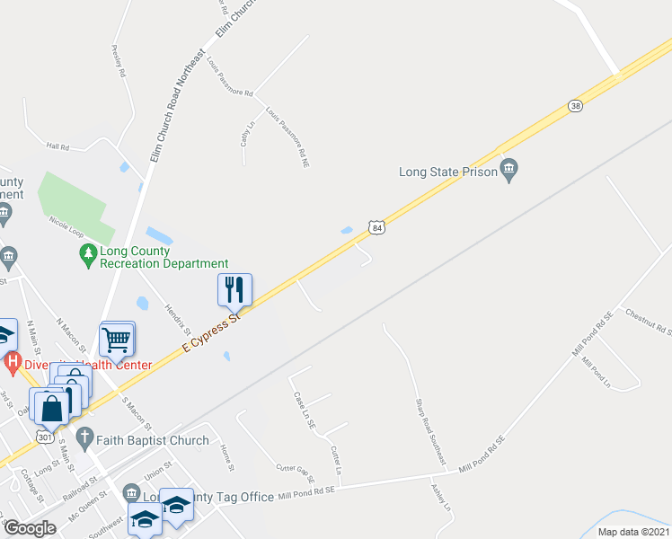 map of restaurants, bars, coffee shops, grocery stores, and more near 128 Coastal Manor Drive in Ludowici