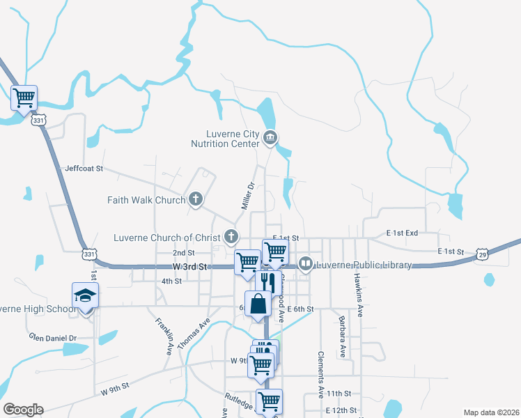 map of restaurants, bars, coffee shops, grocery stores, and more near 219 East Lagrande Avenue in Luverne