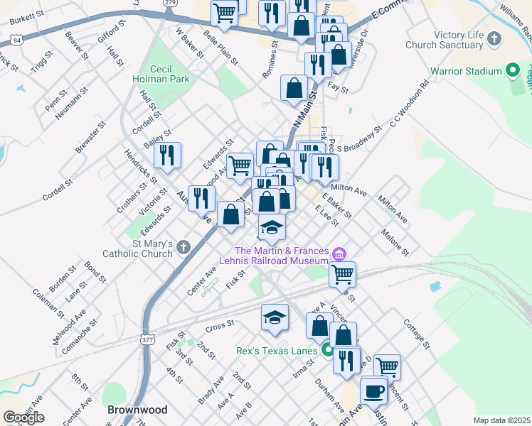 map of restaurants, bars, coffee shops, grocery stores, and more near 514 Center Avenue in Brownwood
