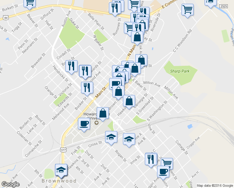 map of restaurants, bars, coffee shops, grocery stores, and more near 514 Center Avenue in Brownwood