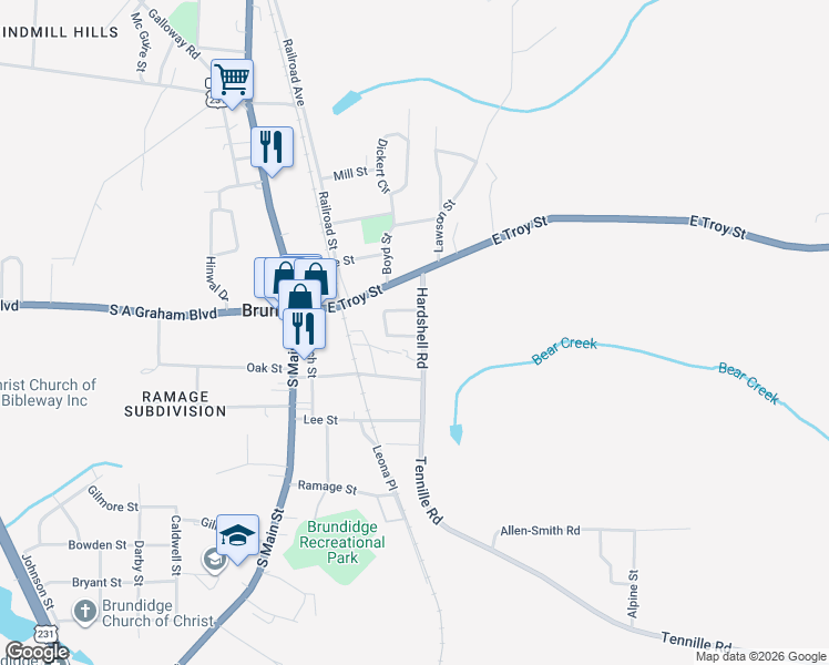 map of restaurants, bars, coffee shops, grocery stores, and more near 172-198 Hardshell Road in Brundidge