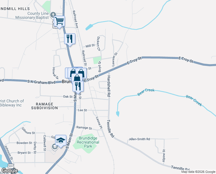 map of restaurants, bars, coffee shops, grocery stores, and more near 172-198 Hardshell Road in Brundidge
