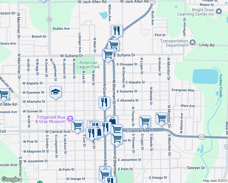map of restaurants, bars, coffee shops, grocery stores, and more near North Sherman Street in Fitzgerald
