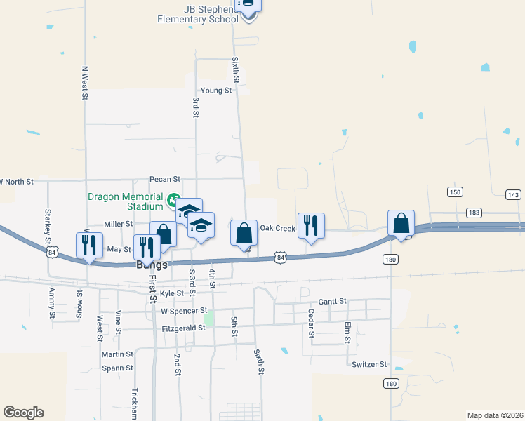 map of restaurants, bars, coffee shops, grocery stores, and more near 702 Oak Creek Drive in Bangs