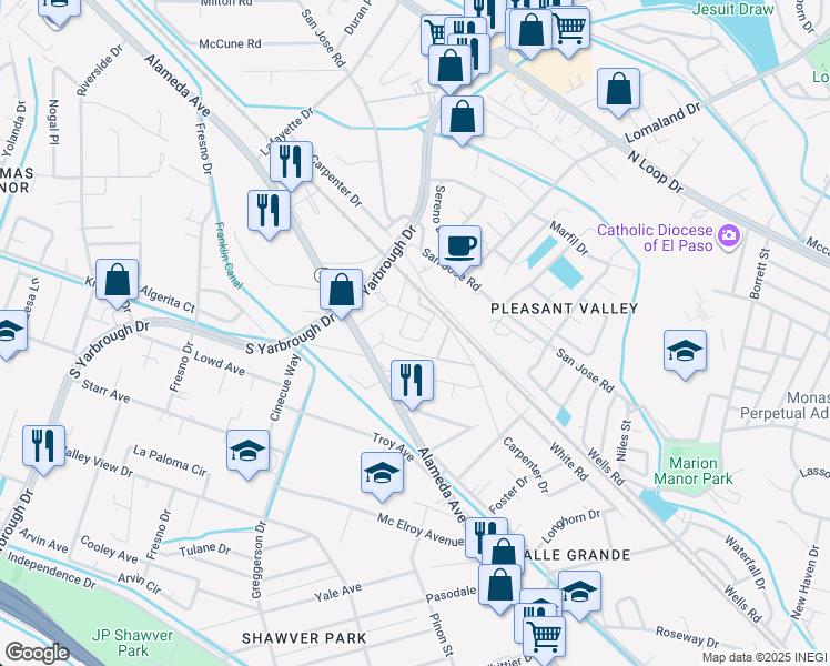 map of restaurants, bars, coffee shops, grocery stores, and more near 8164 Josephine Circle in El Paso