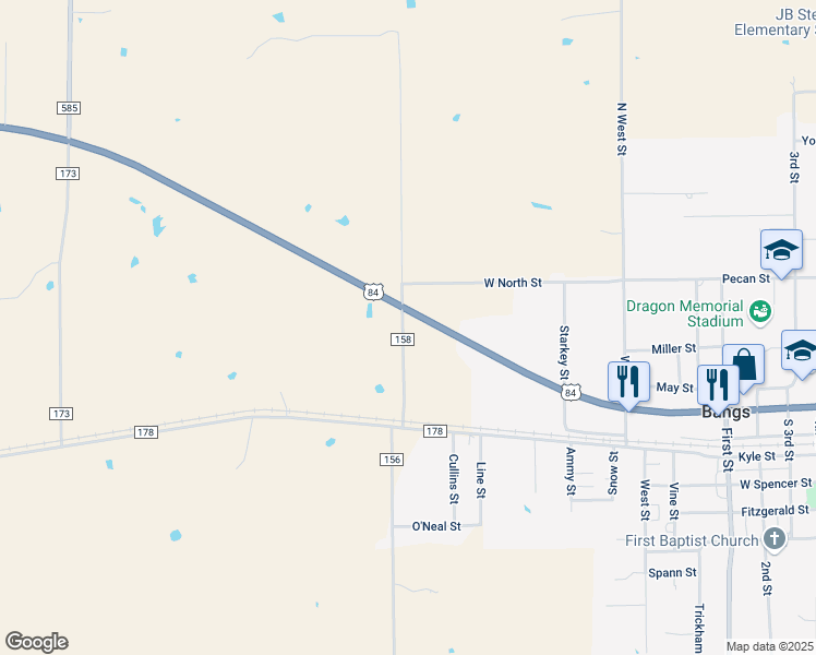 map of restaurants, bars, coffee shops, grocery stores, and more near 480 County Road 158 in Bangs