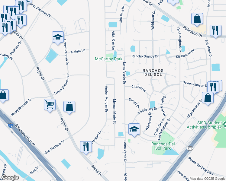 map of restaurants, bars, coffee shops, grocery stores, and more near 1317 Morgan Marie Street in El Paso