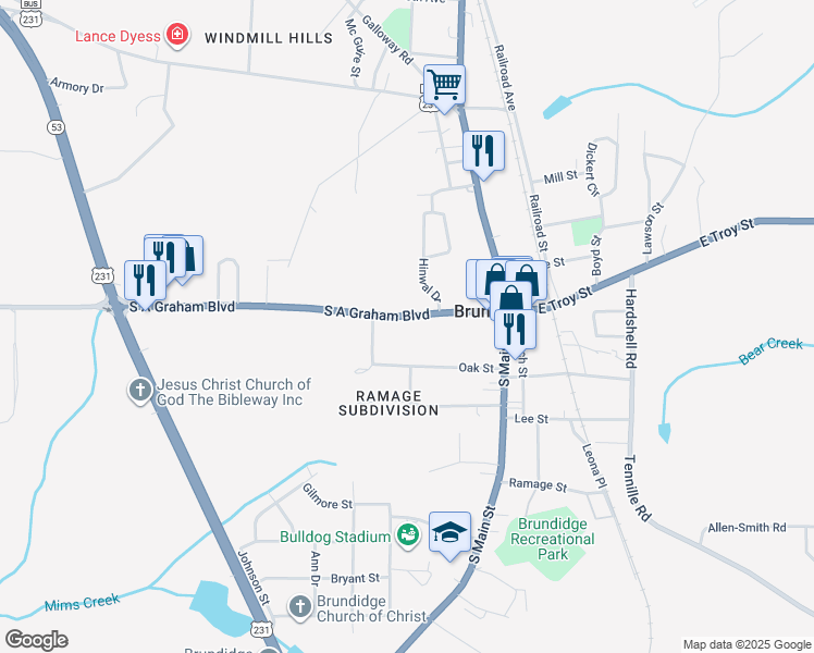 map of restaurants, bars, coffee shops, grocery stores, and more near 200-298 Oak Street in Brundidge