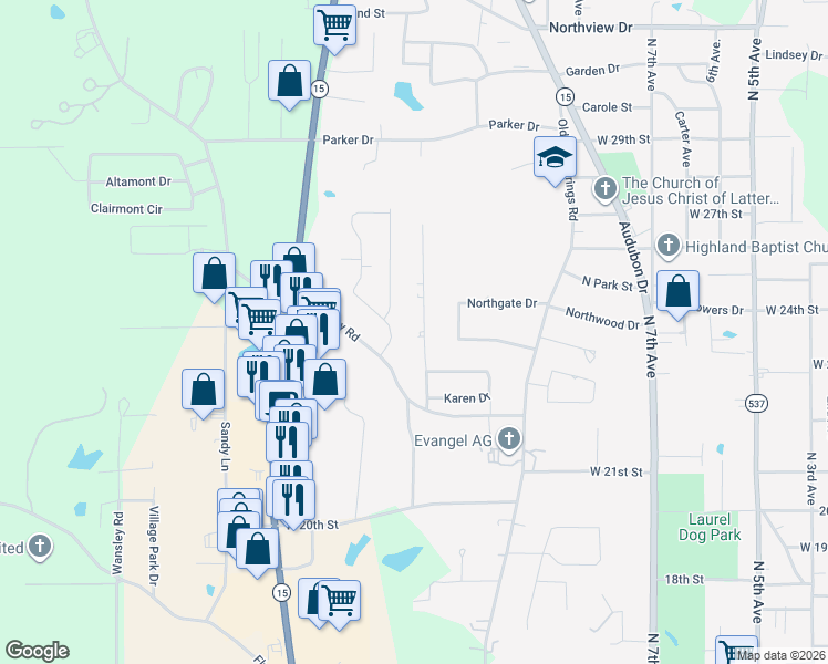 map of restaurants, bars, coffee shops, grocery stores, and more near 2324 Ridgewood Drive in Laurel