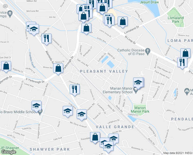 map of restaurants, bars, coffee shops, grocery stores, and more near 8236 San Jose Road in El Paso