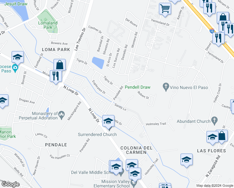 map of restaurants, bars, coffee shops, grocery stores, and more near 10428 Mackenzie Drive in El Paso