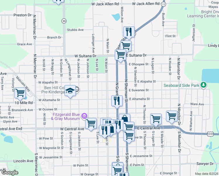 map of restaurants, bars, coffee shops, grocery stores, and more near 516 North Main Street in Fitzgerald