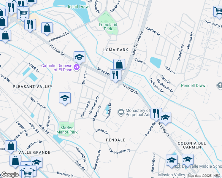 map of restaurants, bars, coffee shops, grocery stores, and more near 8424 Lee Trevino Drive in El Paso
