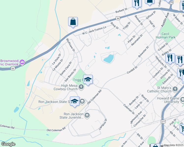 map of restaurants, bars, coffee shops, grocery stores, and more near 320 Bluffview Drive in Brownwood