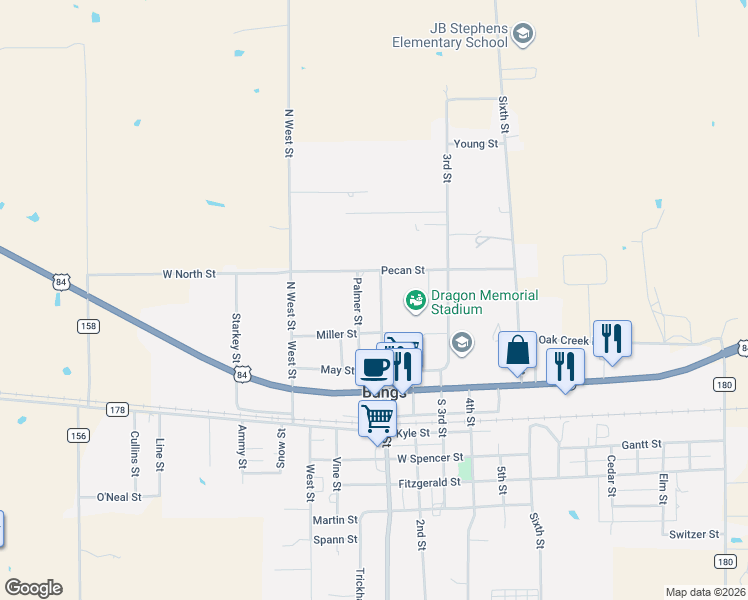 map of restaurants, bars, coffee shops, grocery stores, and more near 705X Palmer Street in Bangs
