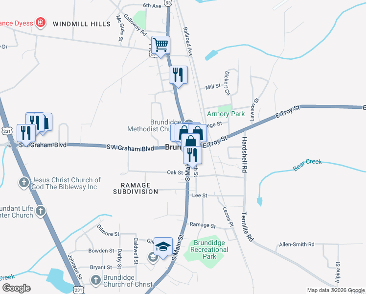 map of restaurants, bars, coffee shops, grocery stores, and more near in Brundidge