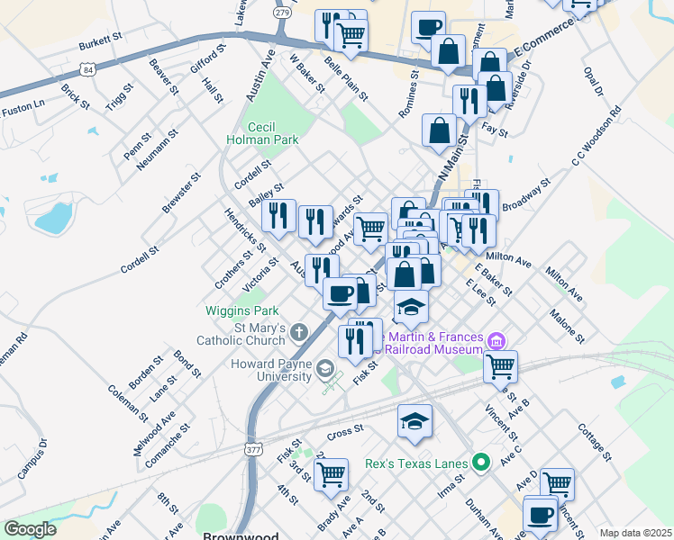 map of restaurants, bars, coffee shops, grocery stores, and more near 404 West Depot Street in Brownwood