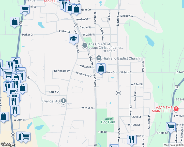 map of restaurants, bars, coffee shops, grocery stores, and more near 2476-2498 North 7th Avenue in Laurel