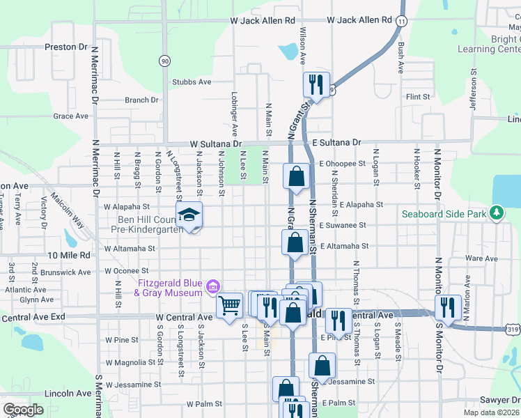 map of restaurants, bars, coffee shops, grocery stores, and more near 516 North Main Street in Fitzgerald