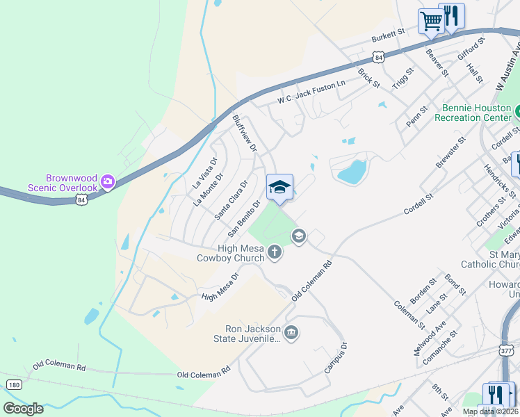 map of restaurants, bars, coffee shops, grocery stores, and more near 1008 San Benito Drive in Brownwood