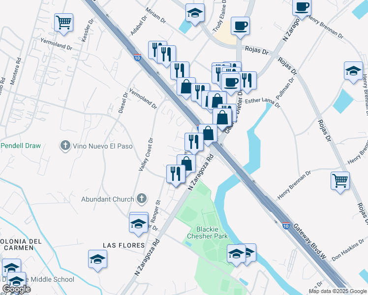 map of restaurants, bars, coffee shops, grocery stores, and more near 1259 Tower Trail Ln in El Paso